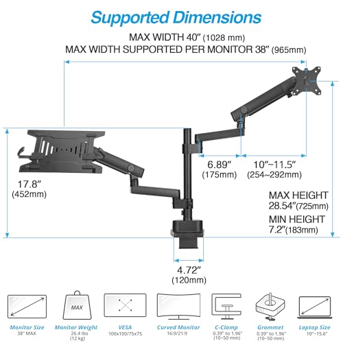 AVLT Laptop & Monitor Arm Pole Top Mount for 17-38" Screens - Black | Supports flat/curved/ultrawide screens up to 26.4 lbs. Mechanical spring, laptop tray, height adjustment and cable routing. - size: Laptop & 38 Inch Monitor Pole Arm
