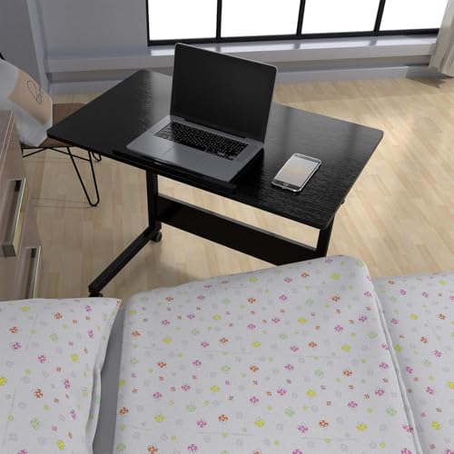 Mobile Overbed Table with Wheels – Adjustable Height Tiltable Desktop for Laptop, Eating & Writing (Black)