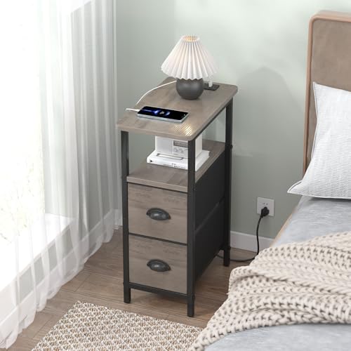 sthmec Narrow End Table with Charging Station, Narrow Side Table with 2 Fabric Drawers, Slim Nightstand, Skinny Bedside Table, Small Side Table for Small Spaces, Living Room, Bedroom, Grey - color: Grey, size: 7.87'' W x 15.75'' D x 24.37'' H, style: Powe