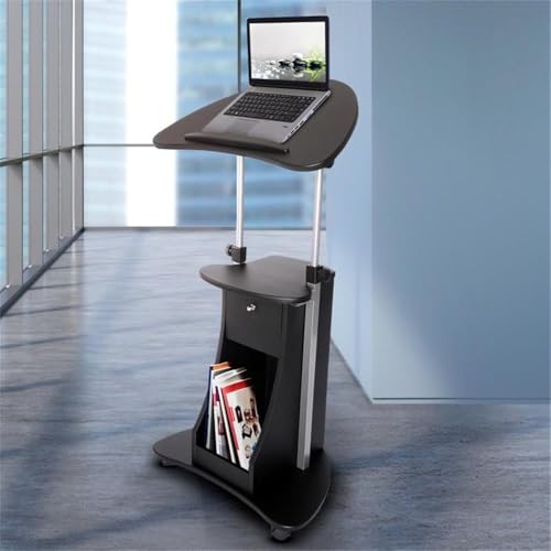Scranton & Co Sit-to-Stand Rolling Laptop Cart, Adjustable Height 31.5-45.5 in, Black MDF and Steel with Storage Compartments, Tilting Panel, Locking Casters, Mobile Office or Classroom Desk