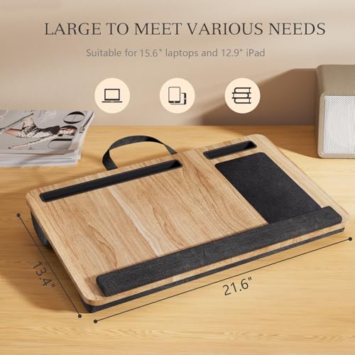 Portable Lap Desk for Laptop, Wood Lapdesk Bed Table with Handle Fits up to 15.6 inches Tray Table with Soft Pillow, Mouse Pad, Wrist Pad & iPad/Phone Slots, Laptop Stand 21.6 x 13.4in-Walnut