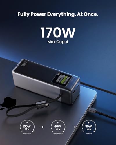 SHARGE Laptop Power Bank 25000mAh, HyperTower 170W Total Fast Charging Portable Charger, 100W USB-C Power Bank with Built-in Cables, High Capacity Travel Battery Pack for MacBook, iPhone17, Galaxy S26 - color: Black