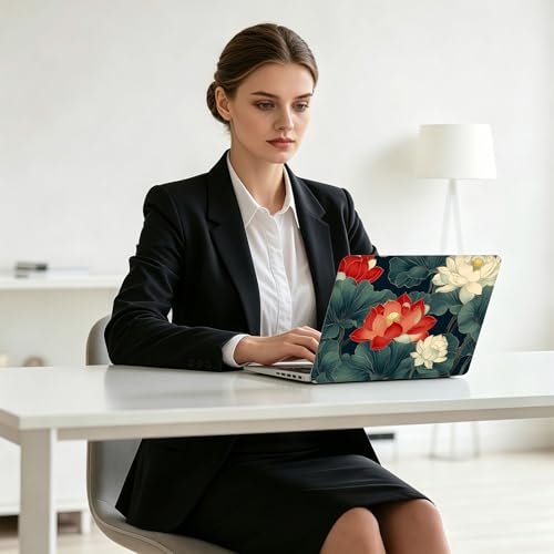 Universal Laptop Skin Decal, 3-Piece Vinyl Protector for 12 13 14 15.6" Notebook, Waterproof Anti-Scratch, Easy Trim & Bubble-Free Finish, Red and White Lotus Flowers - color: Red and White Lotus Flowers