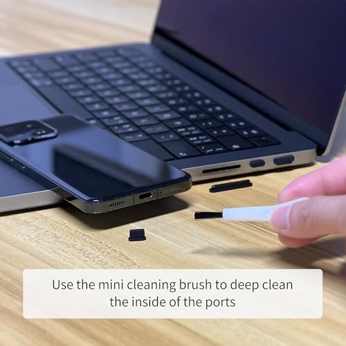 12 PCS Silicone Dust Plugs & Cleaning Brush, USB Port Dust Covers Compatible with iPhone 15 16 17,Kindle,MacBook,Mac mini,PS5,Includes USB-C, USB-A, HDMI, RJ-45, SD Slot and 3.5mm (Black) - color: Black