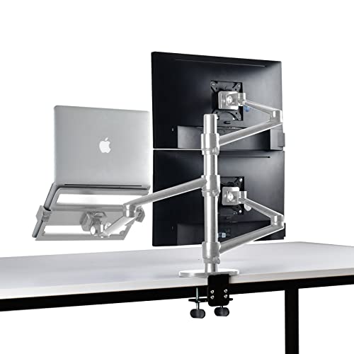AEONS Dual Monitor and Laptop Desk Mount Combo Stand with Notebook Holder fits up to 17 inch, 3-in-1 Adjustable Triple Arm Mount fits 27 inch LCD Screen with VESA, Clamp and Cable Management, Silver - style: Triple Arm & Tray, Silver