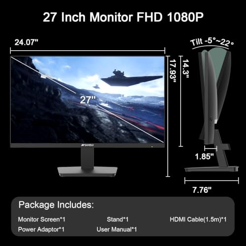 SANSUI 27 Inch Monitor,120Hz Computer Monitor Full HD 1920 x 1080P with HDMI DP Ports, 4000:1 Contrast, 110% sRGB, Eye Care, Frameless, 100 x 100mm VESA Mountable, for Work, Business, Gaming - size: 27 Inch