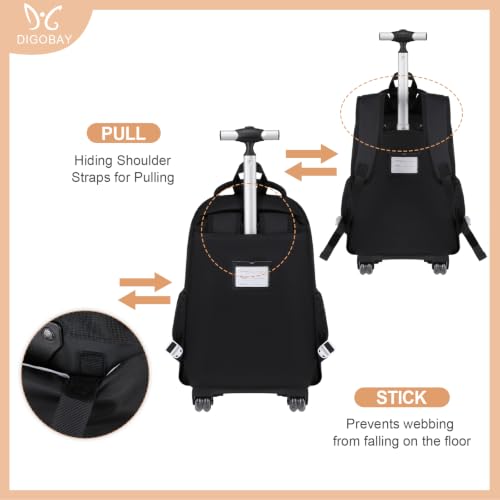 DIGOBAY Rolling Backpack for Girls, Roller Bag with Lunch Box Pencil case | Kawaii Girls Roller Backpack With Wheels School Bookbag With Cute Pins for Elementary Middle School, Black - color: Black