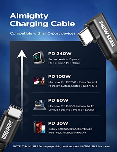 240W USB C to USB C Cable 0.5FT,PD 3.1 Type C to C 5A Fast Charging Cable Right Angle for MacBook Pro/Air,iPad Pro/Air/Mini,iPhone15/15Pro/15Plus/15ProMax,Samsung S24/S23/S22,Surface Book2,Pixel - style: 90° Right Angle