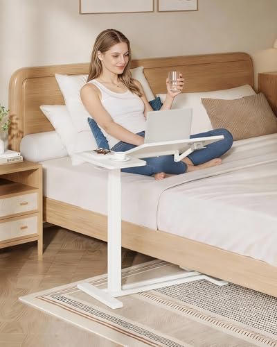 SANODESK 28''Overbed Table Gas Spring Lifting with Wheels&Tilting Desktop | Rolling Mobile Laptop Desk End Table,Portable Computer Workstation for Home Office,Sofa,Bedside,27.6" W x 15.7" D,White - color: White, size: 28 inch