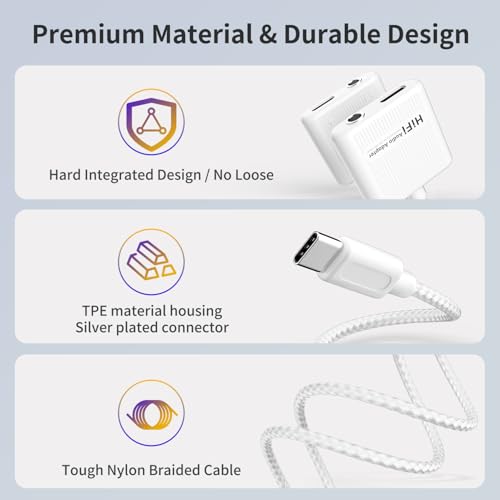 USB C to 3.5mm Audio Adapter and Charger 2 in 1 USB C to Aux Headphone Dongle with 60W PD Fast Charging Compatible with iPhone 16/16 Pro/15/15 Pro Max, Galaxy S24/S23/S22/S23FE, Pixel 8/7, iPad Pro
