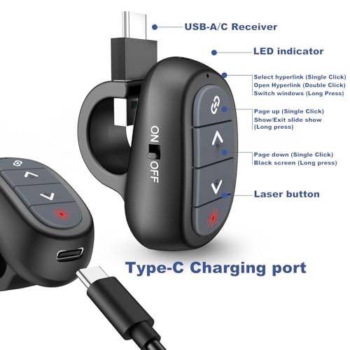 Presentation Clicker PowerPoint Wireless Presenter Remote: USB C Laser Pointer Computer Clickers, Hyperlink Finger Ring Project Power Point PPT Clicker for Mac Laptop Office, Google Slide Advancer - style: USB C A Finger Ring