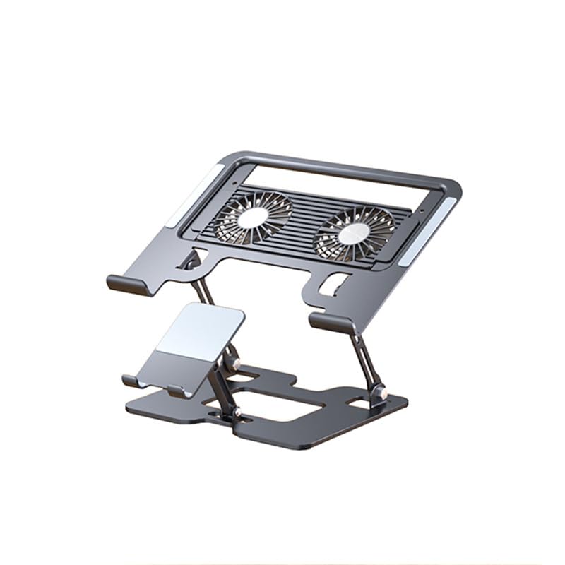 Laptop Cooling Stand (with 2 Silent Cooling Fans), Adjustable Height (with Detachable Phone Holder), Ergonomic Foldable Stand, Aluminum Alloy Cooling Base, Compatible with 10-17 inch laptops
