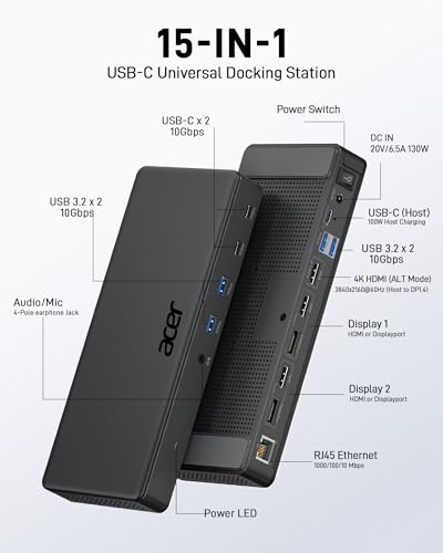 Acer DisplayLink Laptop Docking Station 3 Monitors,USBC Dock with 3HDMI+2DP | 15-in-1 USB C Docking Station with 130W Power Adapter, 10Gbps Data, 1Gbps Ethernet for MacBook Pro/Air, Acer Laptops, PC