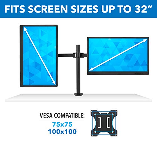 Mount-It! Dual Monitor Mount | Double Monitor Desk Stand | Interchangeable C-Clamp and Grommet Base | Two Heavy Duty Height Adjustable Arms Fit 2 Computer Screens 19 21.5 24 27 32 Inches | VESA 75 100
