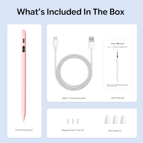 LED Battery Display Stylus Pen, Fast Charging Active Digital Pencil for iPad iPhone Samsung Android Tablets, Low Latency & Tilt Sensitivity for Note Taking/Drawing, No Bluetooth Needed (Pink) - color: Pink