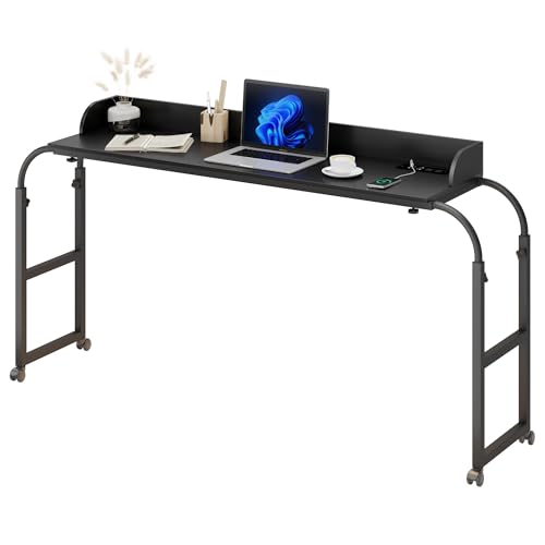 Dystler Overbed Table with Wheels Adjustable Height, 39.37"-43.3" Over Bed Desk with Human Sensor, King Size Overbed Laptop Table with Charging Station for Bedroom, Black