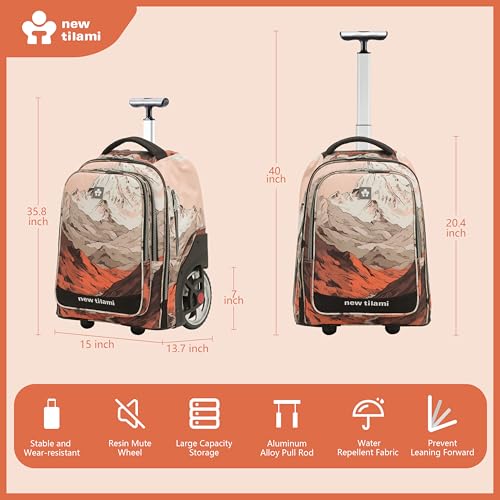 NEW TILAMI 20 Inch Rolling Backpack for School Stair-Climbing Big Wheel | Teen Boys Girls Carry-on Suitcase Large Organizer Compartment 15.6 Laptop Sleeve Adjustable Handle Roller Travel Bag College - color: Pcturesque Mountain
