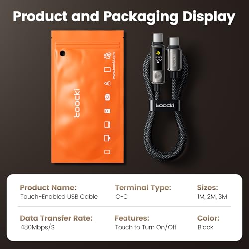 toocki USB C to USB C Cable 3.3FT 100W | LED Touch Display, PD Fast Charging, E-Marker Chip, Nylon Braided, Reinforced Connectors - size: 3.3FT