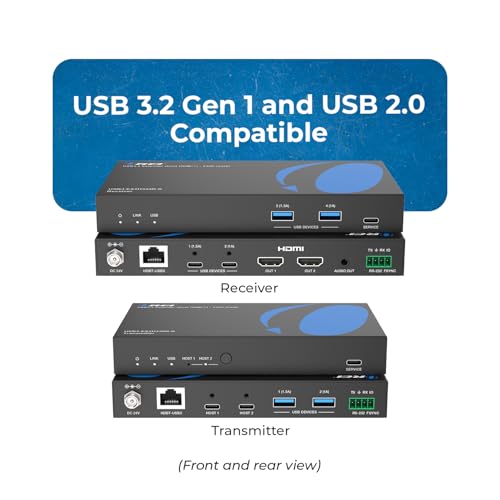 OREI USB Cat6 Extender, 2X Dual USB-C RS-232 Two-Way PoC Audio De-embedding | USB Extender Over Ethernet, USB Extender Over CAT5 – 5Gbps, Dual HDMI 4K60, Auto/Manual Host Switching, 3.5mm Audio - size: Upto 330 ft