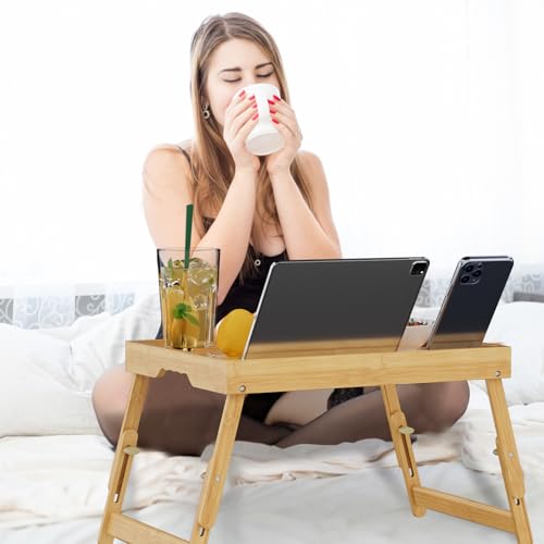 Artmeer Adjustable Bamboo Bed Tray Table with Device Slot, Large, Bamboo | Adjustable FSC-certified bamboo bed tray with device slot, folding legs and handles for meals, laptops and reading in bed. - color: Bamboo, size: Large Adjustable