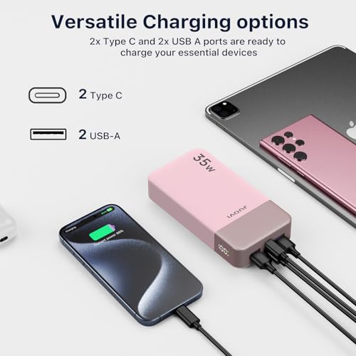 JUOVI J2651 Portable Charger, 35W 20000mAh USB C in & Out Power Bank, Battery Pack with QC4.0+PD3.0 35W High-Speed Charging for Bluetooth Earbud, Mobile Phone, Tablet (Pink) - color: Pink