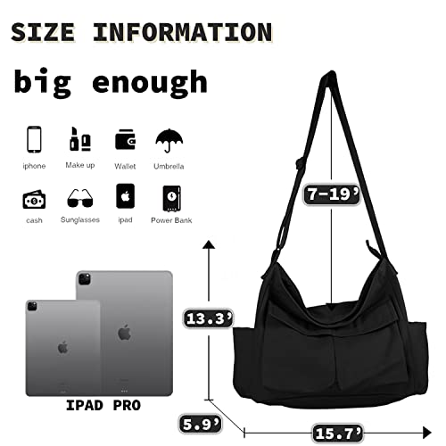 Canvas Messenger Bag Large Hobo Crossbody Bag with Multiple Pockets Casual Shoulder Tote Bag for Women and Men - color: Black