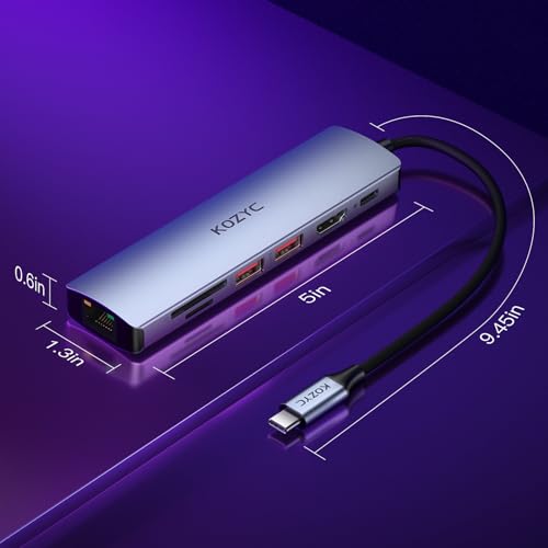 USB C Hub Ethernet Multiport Adapter, KOZYC 7-in-1 USB C Hub with HDMI 4K@60Hz, 1Gbps Ethernet, 100W PD, 2 USB 3.2 Gen2 10Gbps Data, SD/TF Card Slots Port, Compatible with MacBook Air/Pro, XPS13/15 - style: 7-IN-1 USB-C Hub 10Gbps