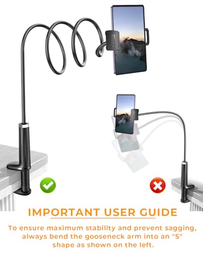 42" Long Arm Tablet Holder for Bed with 360° Rotating Base: Flexible Gooseneck Stand Compatible with iPad Pro Air Mini | Kindle | Switch & Other 4–13" Devices - color: Black