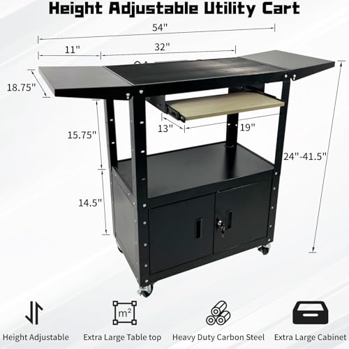 AV Cart with Locking Cabinet and Keyboard Tray, Height Adjustable Rolling Computer Cart with Wheels and Power Strip for Mobile Equipment Workstation Utility Cart(42" x 54" x 20") - size: 42" x 54" x 20"