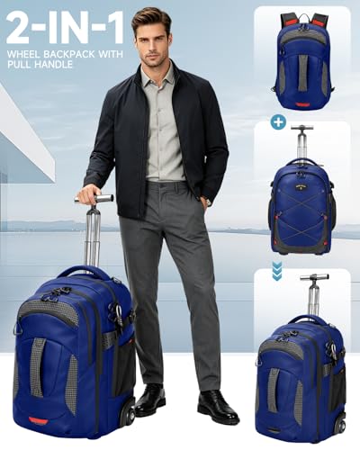 2-in-1 Detachable Backpack with wheels,56L Large rolling backpack-Splits into Daypack & Laptop Backpack Fits 17 Inch Laptop,Water Resistant Luggage suitcase,Air Travel,Weekend Trips - color: Blue