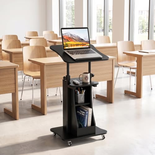 Tangkula Mobile Lectern Podium Set of 2, Height Adjustable Podium Stand, Standing Sit-to-Stand Desk, Rolling Cart Laptop Desk with Swivel Top Movable Wheels & Storage - color: Black, size: 20" x 16" x 44"