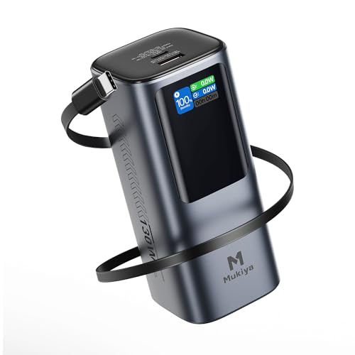 Mukiya 130W 20000mAh Power Bank with Retractable Cable & Stand | Mukiya power bank with built-in usb c cable, retractable phone stand, portable laptop charger, travel essentials