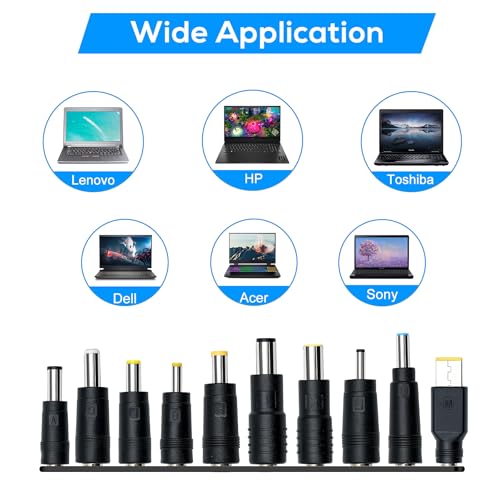 Universal Charger Supply 100W PD Power Cable, USB C to DC Adapters 10PCS Power Plug Kit, 5.5x2.1mm Round Barrel Jack for Sony Toshiba Samsung Acer Asus Lenovo Dell HP Laptop Charging Connector Tips