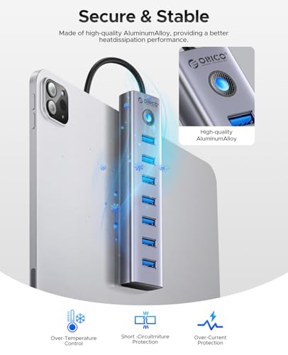 ORICO 7-Port USB 3.0 Hub, Aluminum USB Multiple Adapter, 5Gbps USB Extender USB Splitter with 6Ft Cable, UBS-A Hub Long Cable for Desktop, PC, Flash Drive, Mobile HDD, Windows/XPS - size: 6.0Ft