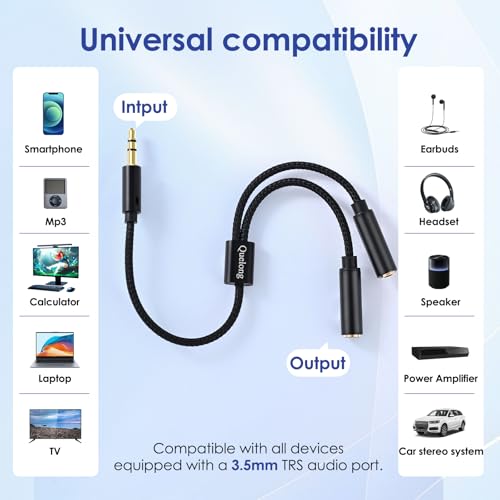 1Pcs Headphone Splitter, Dual Headphone Nylon Braided Extension Cable, Hi-Fi Audios Stereo Y Splitter 3.5mm 2 Female 1 Male, Suitable for Phones, PS4, Amplifiers, Smartphones, Tablets,etc.
