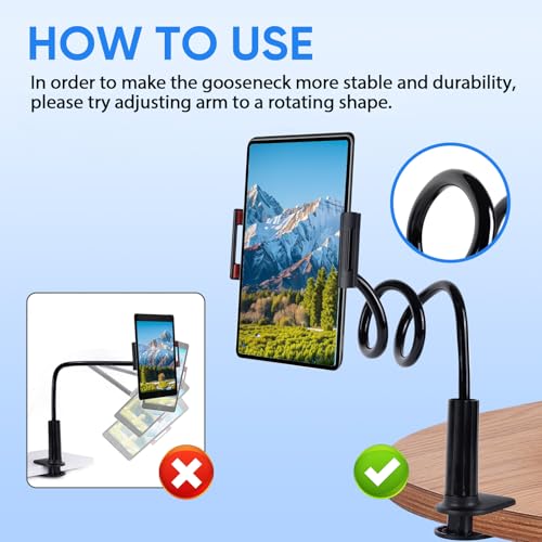 Lazy Bracket Gooseneck Tablet Holder for Bed, 360 Flexible Long Arm Adjustable Tablets Stand Clamp for Desk Phone Mount, Compatible with iPad 4" - 8" Tablet Gooseneck Holder Cell Phone Stand