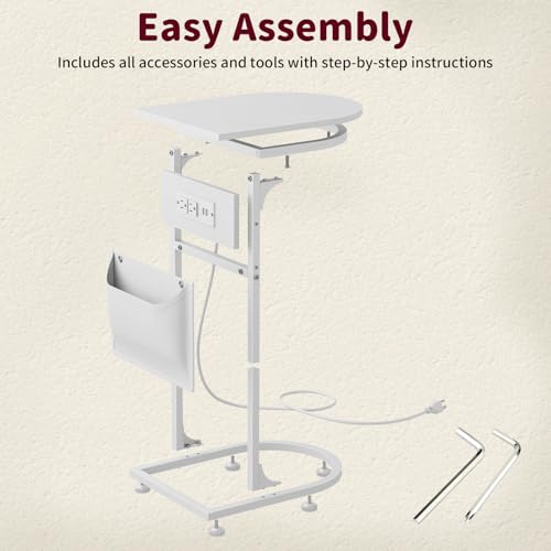 C Shaped End Table with Charging Station, Small Side Table for Couch, C Table Slides Under Sofa with Storage Bag, TV Tray Table for Recliner, Living Room, Bedside, Bedroom, Small Spaces, White - color: Charging Station White