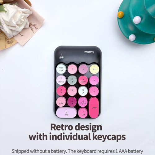 Sahara - Wireless Numeric Keypad, Retro Round Keycaps, Portable Number Pad with Ergonomic Design, USB Receiver, Compatible with Laptop/Desktop PC (Black/Pink) - color: Black/Pink