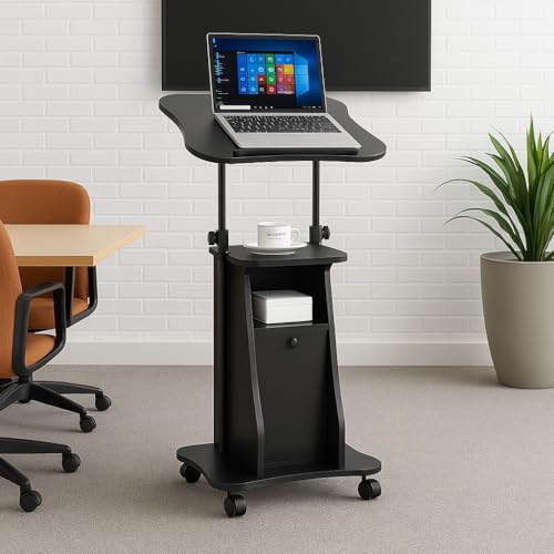 Tangkula Mobile Laptop Podium Set of 2, Height Adjustable Sit to Stand Desk with Tilting Desktop & Storage Cabinet, Ergonomic Rolling Lectern Cart Laptop Desk, Office Podium Stand on Wheels - color: Black, size: 21.5" x 15.5" x 45"