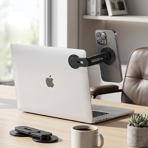 Magnetic Laptop Phone Holder, 360° Rotating Mount Compatible with MagSafe, MacBook, PC Monitor Screen Stand for Tesla, Black