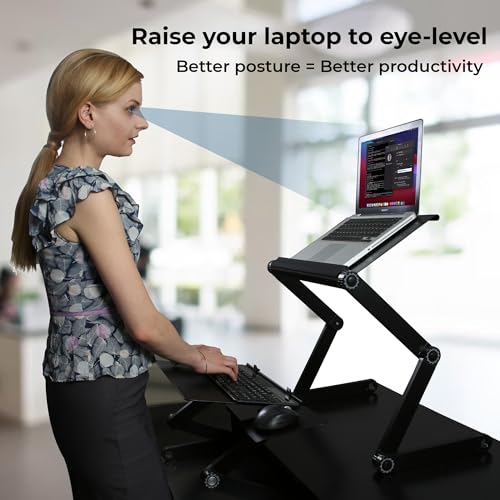 WorkEZ Adjustable Standing Desk Converter w/2 Fans & 3 USB Ports, Sit to Stand Desk Riser Monitor Standing Computer Desk, Height & Angle Negative Tilt - color: Black