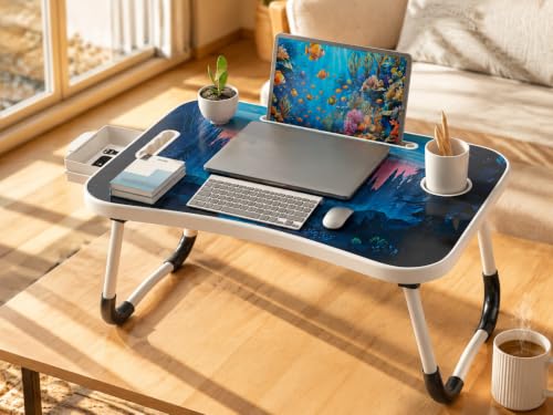 Laptop Bed Table with Foldable Legs & Cup Holder – Portable Lap Desk for Eating, Working, or Writing in Bed, on Sofa or Floor – Lightweight Standing Tray for Laptop, Breakfast, Tablet, Book