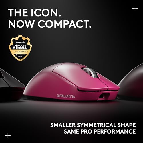 Logitech Pro X Superlight 2c Wireless Gaming Mouse 51g Compact - Magenta | 51g compact mini size, symmetrical shape, <8 kHz polling, 44K DPI, PowerPlay charging, USB-C, for PC/Mac - color: Magenta, size: Compact, style: Mouse