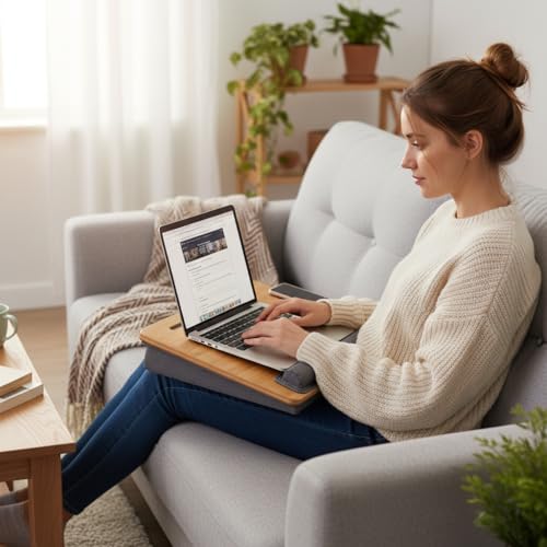 Bamboo Lap Desk for Laptop with Cushion Tablet Phone Holder Handle | Laptop Stand with Anti-Slip Strip Fits up to 15.6 inch Portable Computer Lap Desk for Couch, Bed & Car - size: 16.5"x13.4" Fixed