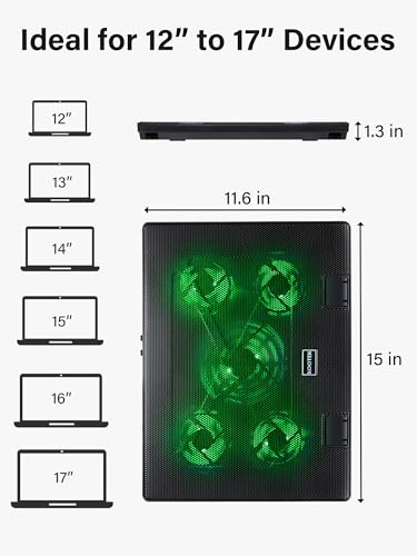 Kootek Laptop Cooling Pad, Laptop Cooler with 5 Quiet Fans for 12"-17" Computer PC Notebook Gaming Laptop Fan, Height Adjustable Laptop Cooling Stand Laptop Accessories, Green - color: Green