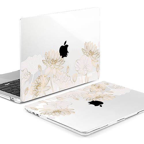 Batianda Case for MacBook Air 15" with M5 M4 M3 M2 Chip, Golden Lotus | 4-in-1 set with gold lotus line flowers design, lightweight slim hard shell protection for elegant, minimal and office user - color: Gold Lotus