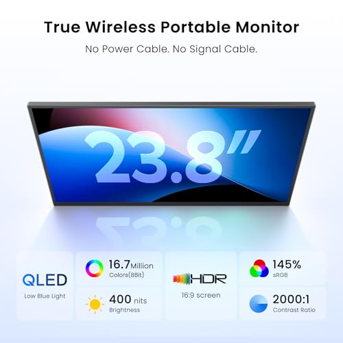 UPERFECT 23.8" 1080P 100Hz Wireless Portable Monitor with Battery 10000mAh | 145% sRGB QLED Gaming Monitor with Stand, Bag & VESA, Large Second Screen for Laptop, Computer, Phone, Game Consoles - size: 23.8"