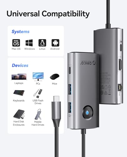 ORICO USB C Docking Station, 6-in-1 Laptop Docking Station with HDMI 4K@60Hz, 2.5G Ethernet, 100W PD, USB-A&C 3.0, USB C Dock Compatible with MackBook/Dell XPS/HP/Surface - size: 6-in-1, style: PW11-6PC25R