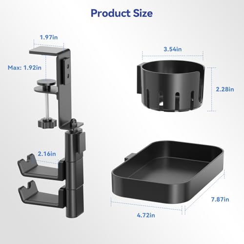 KDD Desk Cup Holder with 2 Headphone Hook - Rotating Pencil Holder & Detachable Drawer Tray - Clamp on Under Desk Headphone Holder Hidden Storage for Office School Home Accessories