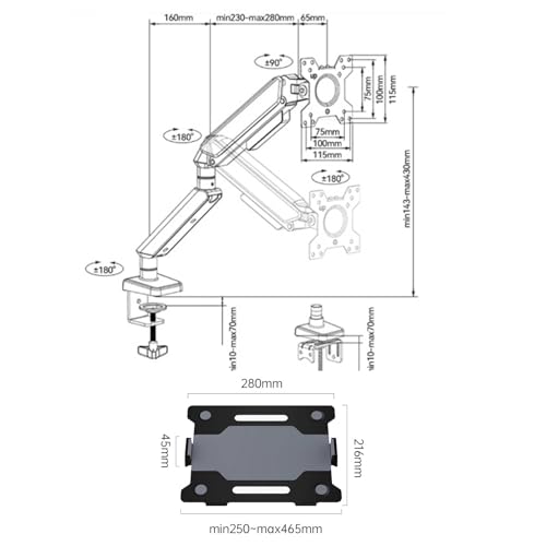 Monitor Desk Laptop Mount with Adjustable Tray for 10-17”Notebook,Full Motion Gas Spring Mount Arm for 17-32”Monitor,C-Clamp and Grommet Base Monitor Stand,Black - color: Black